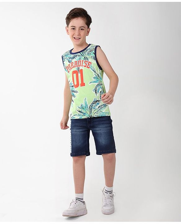 Pine Kids Cotton Sleeveless Tank T-Shirt Tropical Print - Paradise Green