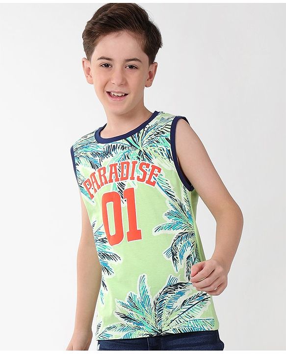 Pine Kids Cotton Sleeveless Tank T-Shirt Tropical Print - Paradise Green