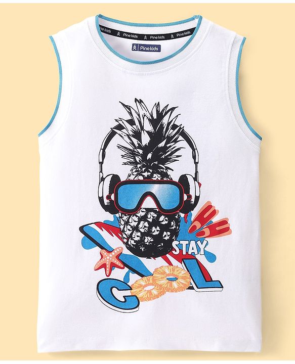 Pine Kids Cotton Sleeveless Tank T-Shirt Pineapple Print - Snow White