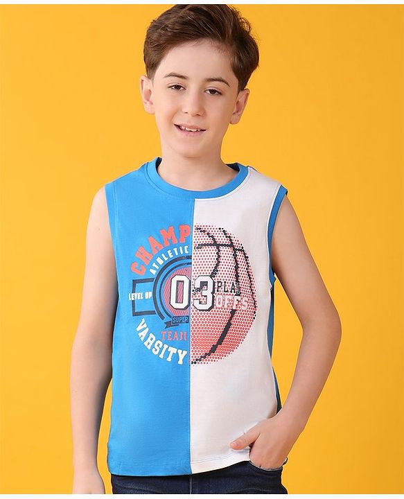 Pine Kids 100% Cotton Knit Sleeveless T-Shirt Busket Ball Print - Blue & White