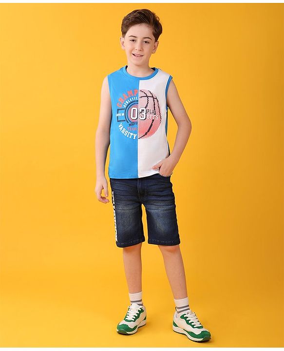 Pine Kids 100% Cotton Knit Sleeveless T-Shirt Busket Ball Print - Blue & White