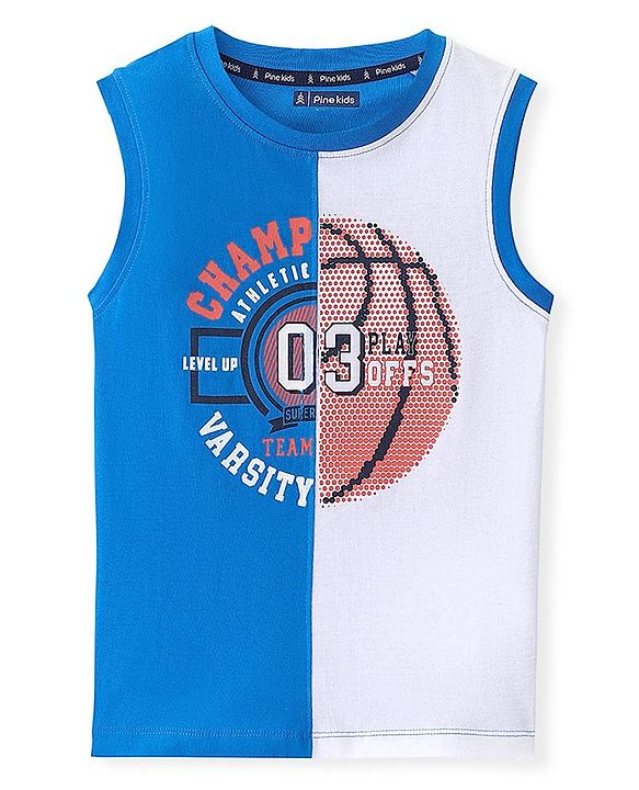 Pine Kids 100% Cotton Knit Sleeveless T-Shirt Busket Ball Print - Blue & White