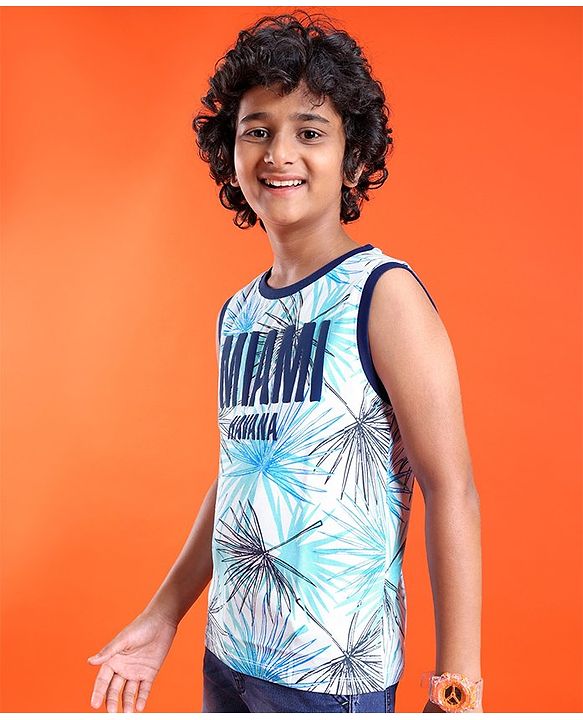 Pine Kids Cotton Knit Sleeveless Tank T-Shirt Text Print - Tanager Turquoise