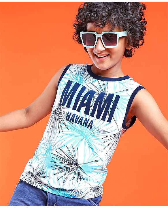 Pine Kids Cotton Knit Sleeveless Tank T-Shirt Text Print - Tanager Turquoise