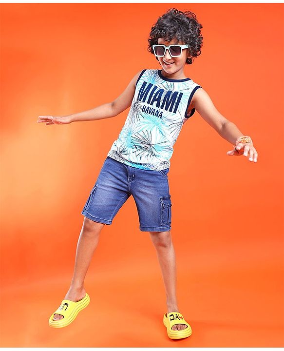 Pine Kids Cotton Knit Sleeveless Tank T-Shirt Text Print - Tanager Turquoise