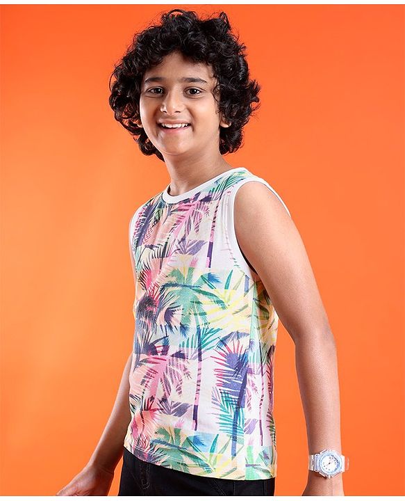 Pine Kids Cotton Knit Sleeveless Tank T-Shirt Palm Tree Print - Multicolor