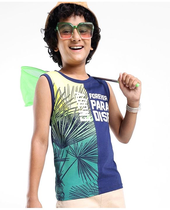 Pine Kids Cotton Sleeveless T-Shirt Tropical Theme Print - Blue Depths