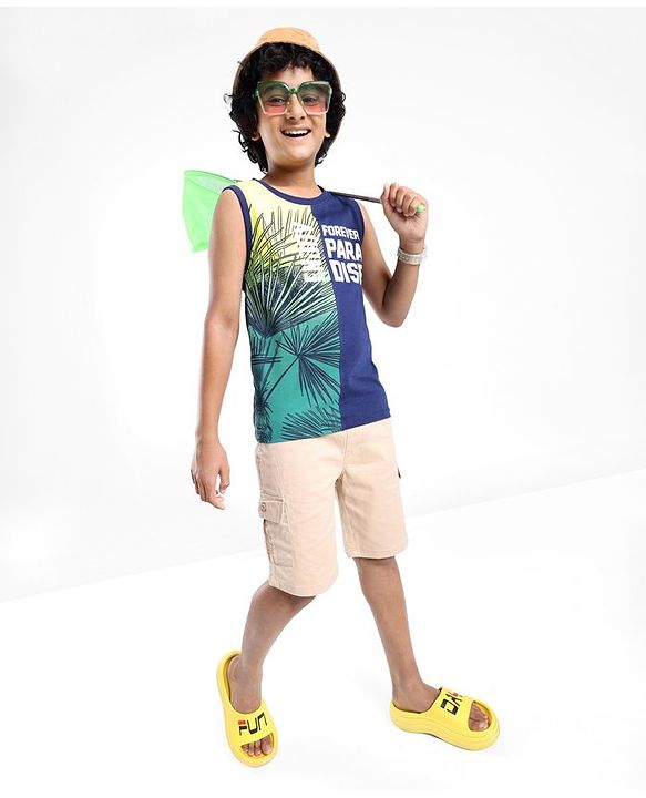 Pine Kids Cotton Sleeveless T-Shirt Tropical Theme Print - Blue Depths