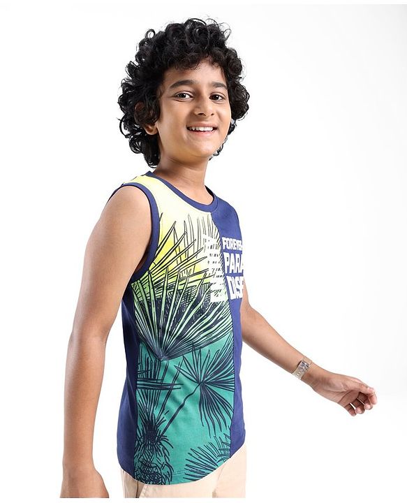 Pine Kids Cotton Sleeveless T-Shirt Tropical Theme Print - Blue Depths