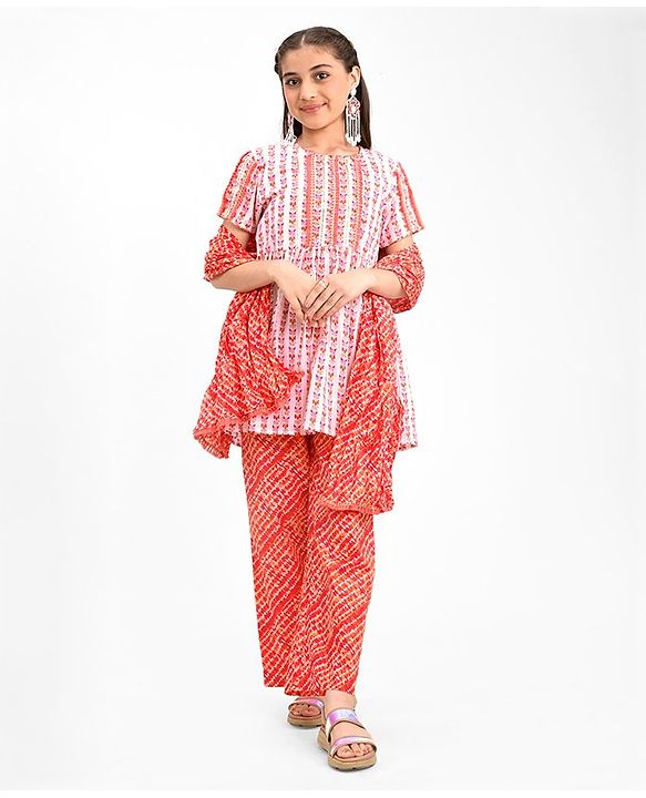 Pine Kids 100% Cotton Woven Half Sleeves Kurta & Laheriya Print Palazzo Set With Dupatta - Off White & Orange