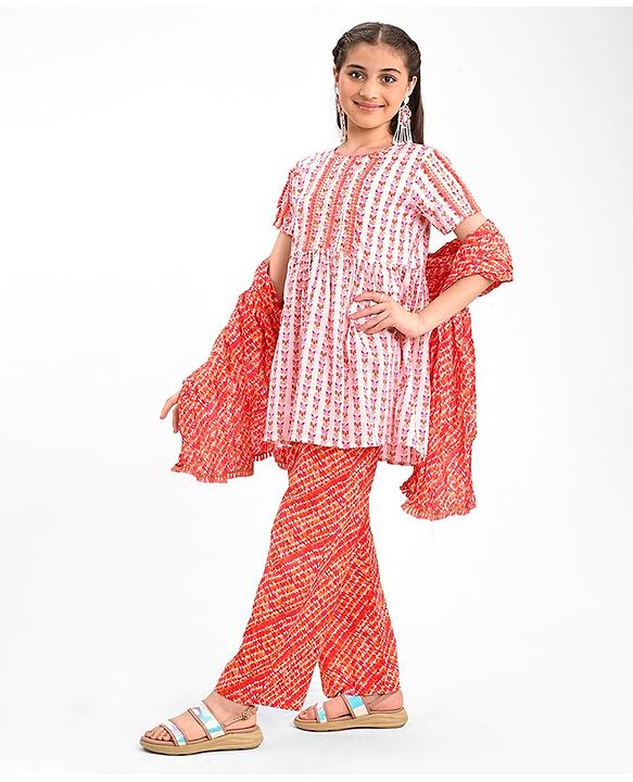 Pine Kids 100% Cotton Woven Half Sleeves Kurta & Laheriya Print Palazzo Set With Dupatta - Off White & Orange