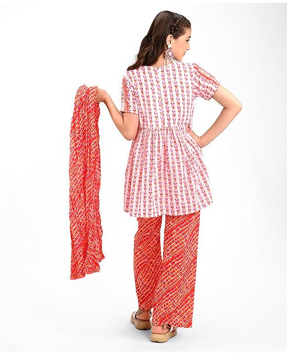 Pine Kids 100% Cotton Woven Half Sleeves Kurta & Laheriya Print Palazzo Set With Dupatta - Off White & Orange