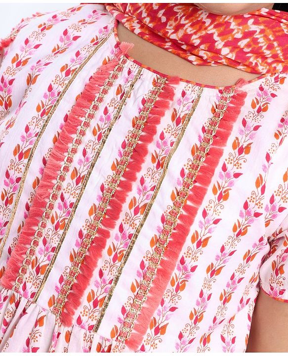 Pine Kids 100% Cotton Woven Half Sleeves Kurta & Laheriya Print Palazzo Set With Dupatta - Off White & Orange