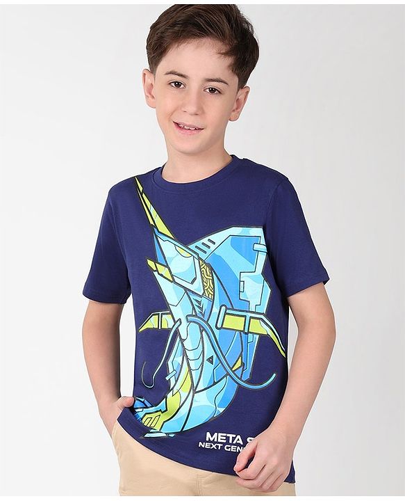 Pine Kids Cotton Half Sleeves T-Shirt Robotic Shark Print - Blue Depths