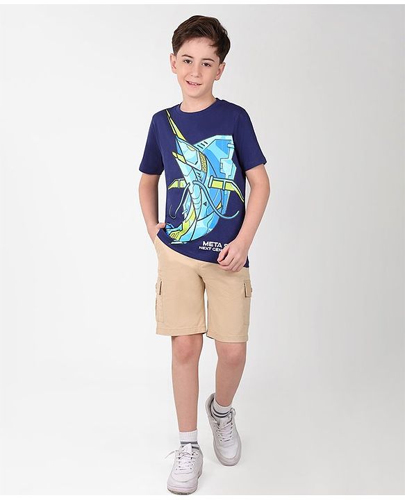 Pine Kids Cotton Half Sleeves T-Shirt Robotic Shark Print - Blue Depths