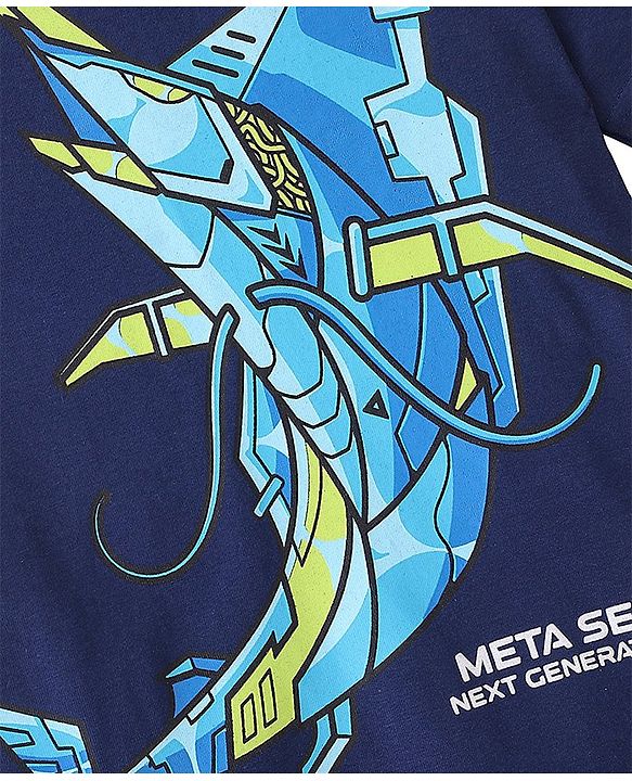 Pine Kids Cotton Half Sleeves T-Shirt Robotic Shark Print - Blue Depths