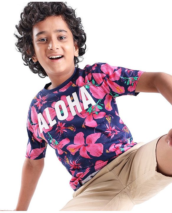 Pine Kids Cotton Knit Half Sleeves T-Shirt Floral & Text Print - Blue