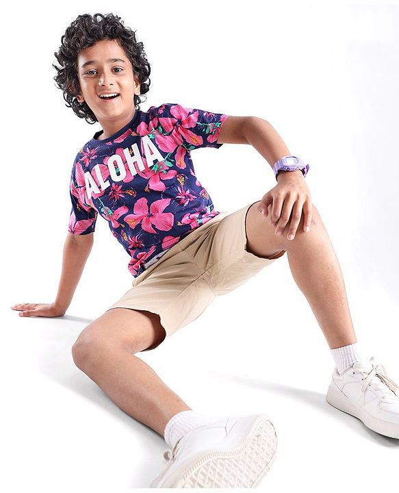Pine Kids Cotton Knit Half Sleeves T-Shirt Floral & Text Print - Blue
