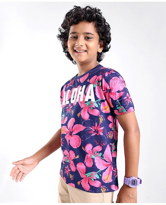 Pine Kids Cotton Knit Half Sleeves T-Shirt Floral & Text Print - Blue