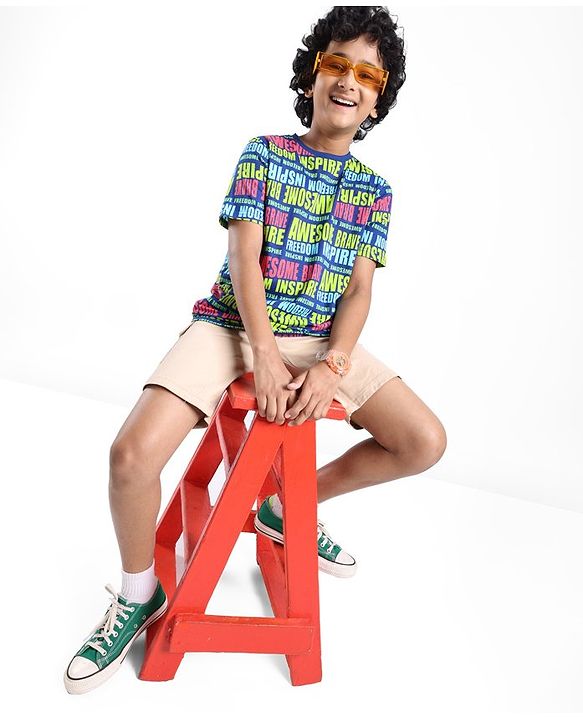 Pine Kids Cotton Half Sleeves T-Shirt Text Print - Limoges