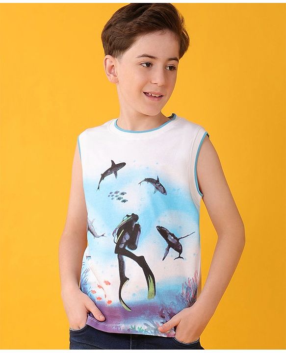 Pine Kids Cotton Knit Sleeveless T-Shirts Scuba Diving Theme Print - Snow White
