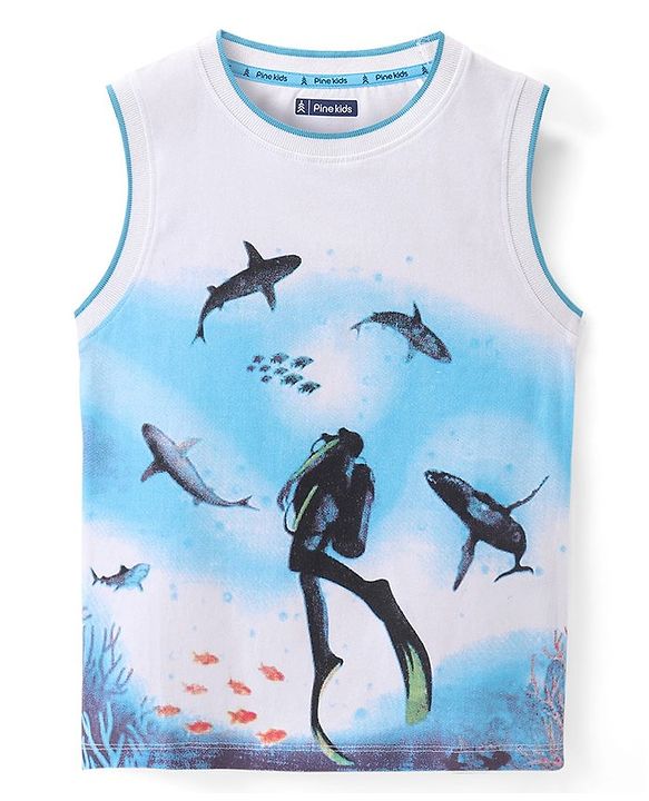 Pine Kids Cotton Knit Sleeveless T-Shirts Scuba Diving Theme Print - Snow White