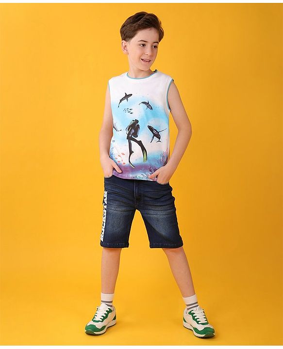 Pine Kids Cotton Knit Sleeveless T-Shirts Scuba Diving Theme Print - Snow White