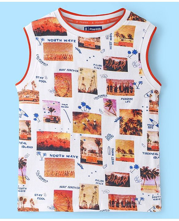 Pine Kids Cotton Sleeveless T-Shirt Tropical Theme Print - Snow White