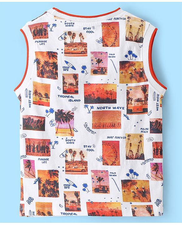 Pine Kids Cotton Sleeveless T-Shirt Tropical Theme Print - Snow White