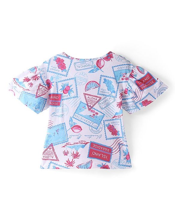 Pine Kids Cotton Knit Half Sleeves Stamps Printed Top - White