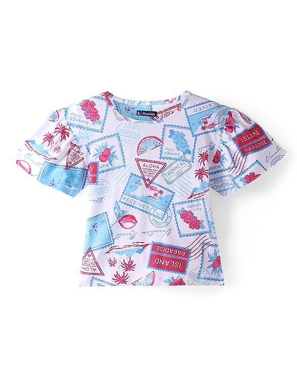 Pine Kids Cotton Knit Half Sleeves Stamps Printed Top - White