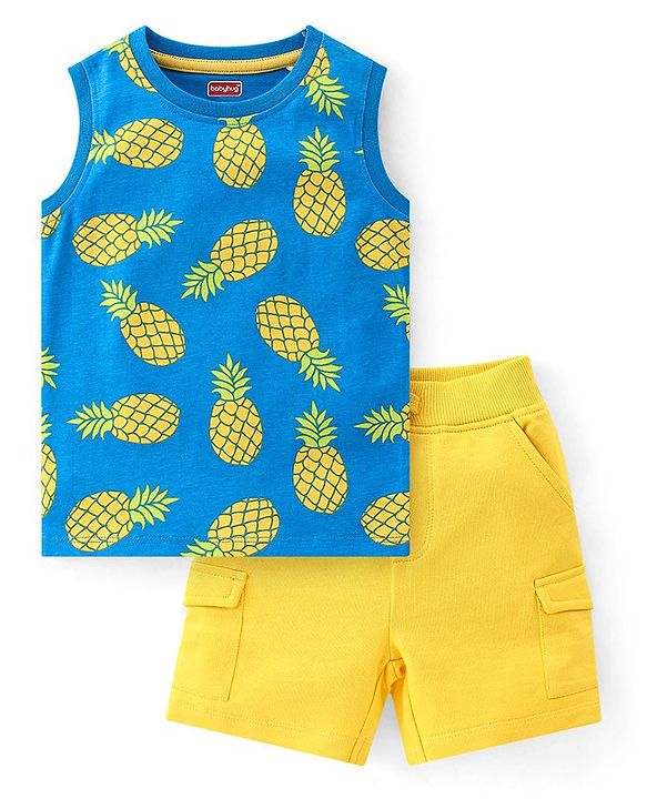 Babyhug Single Jersey Knit Sleeveless T-Shirt with Shorts Set Pineapple Print - Yellow & Blue