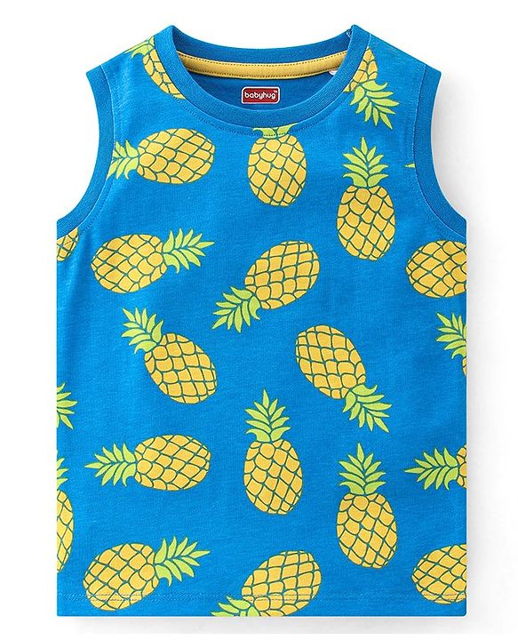 Babyhug Single Jersey Knit Sleeveless T-Shirt with Shorts Set Pineapple Print - Yellow & Blue