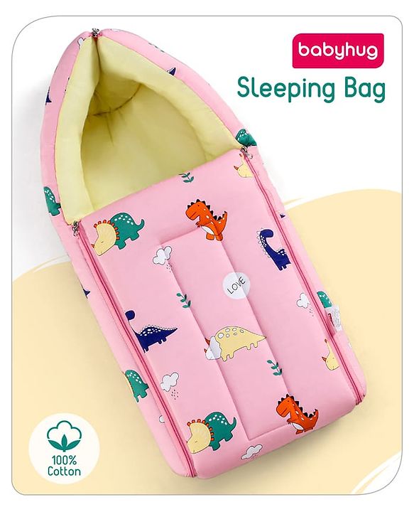 Babyhug Cotton Sleeping Bag Dino Print- Light Pink