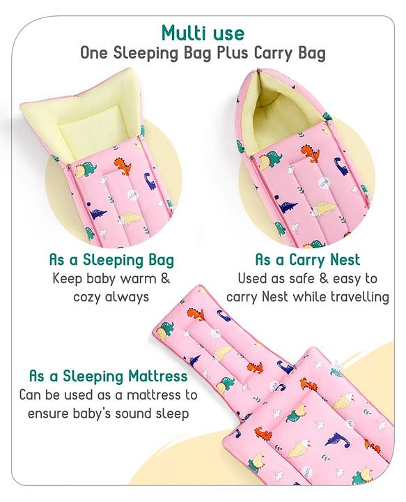 Babyhug Cotton Sleeping Bag Dino Print- Light Pink