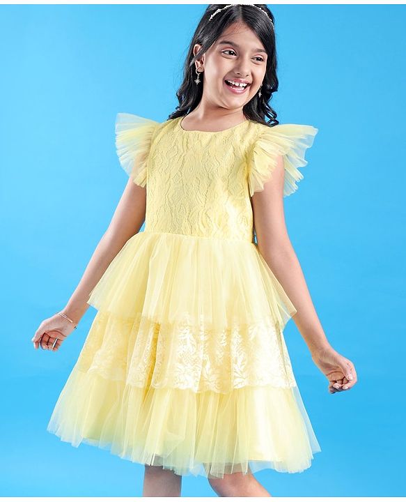 Pine Kids Half Sleeves  Party Frock with  Floral Embroidery -  Yellow