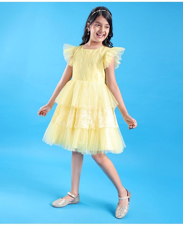 Pine Kids Half Sleeves  Party Frock with  Floral Embroidery -  Yellow