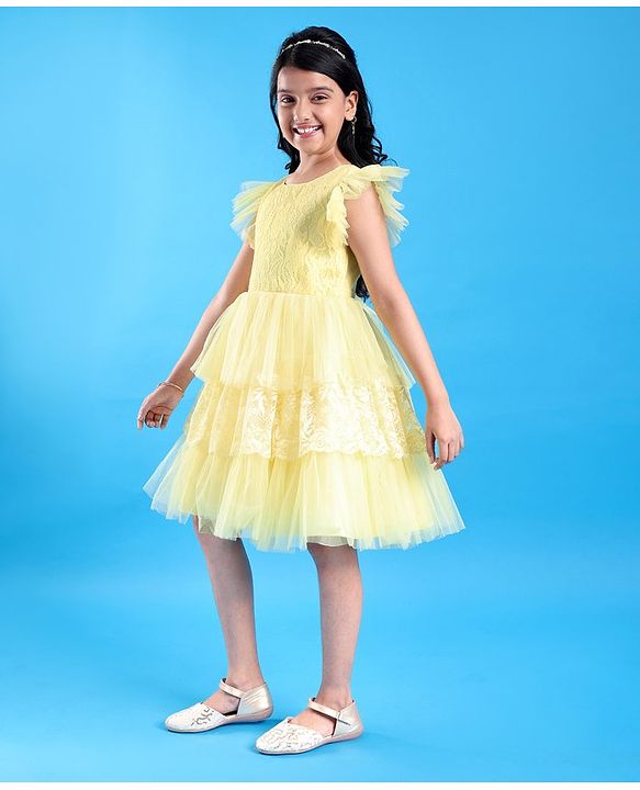 Pine Kids Half Sleeves  Party Frock with  Floral Embroidery -  Yellow