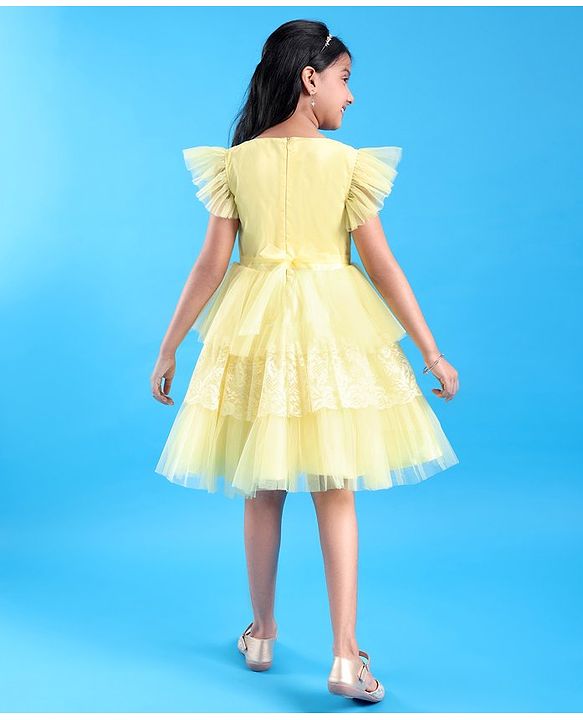 Pine Kids Half Sleeves  Party Frock with  Floral Embroidery -  Yellow