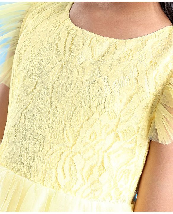 Pine Kids Half Sleeves  Party Frock with  Floral Embroidery -  Yellow