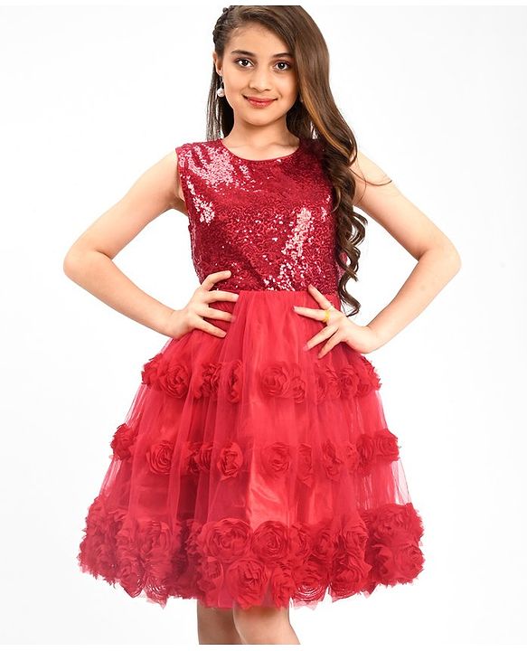 Pine Kids Sleeveless Party Frock With Floral Applique & Sequins Detailing - Red