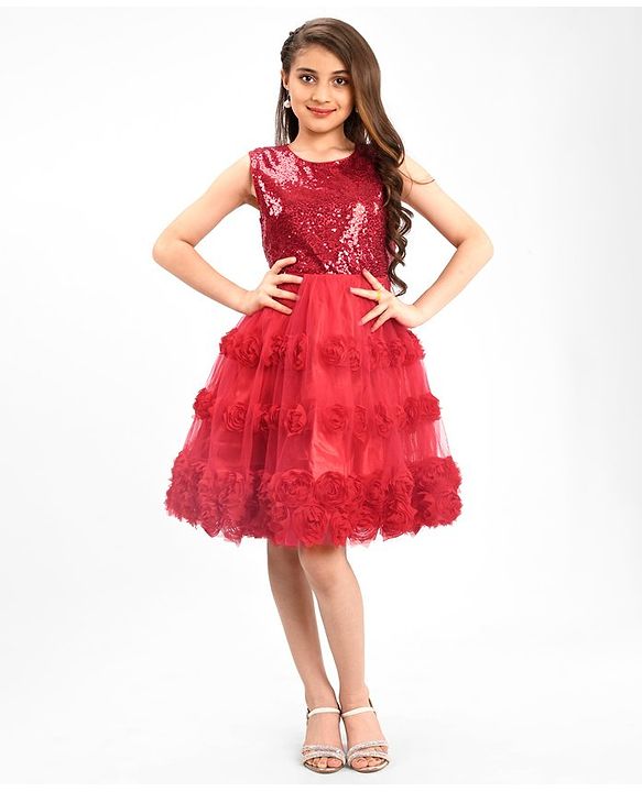 Pine Kids Sleeveless Party Frock With Floral Applique & Sequins Detailing - Red