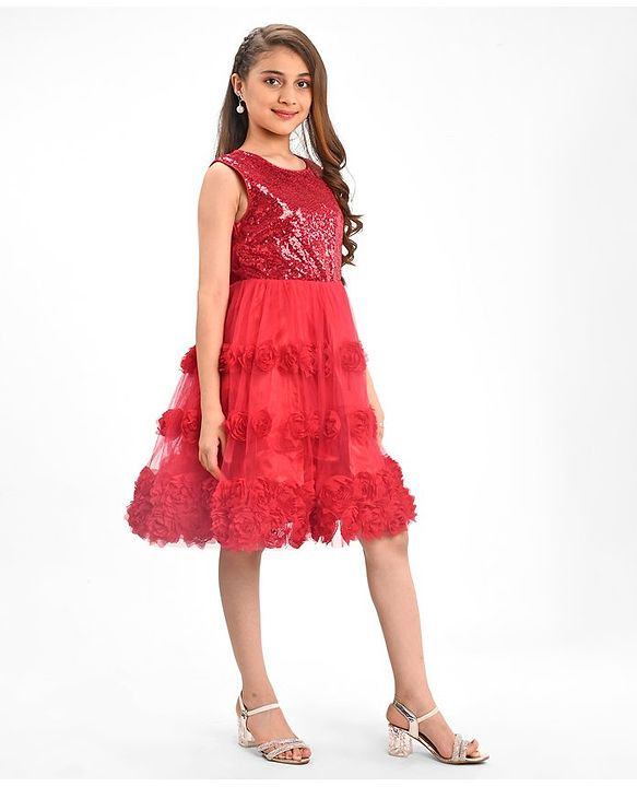 Pine Kids Sleeveless Party Frock With Floral Applique & Sequins Detailing - Red