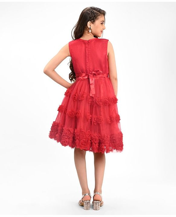 Pine Kids Sleeveless Party Frock With Floral Applique & Sequins Detailing - Red