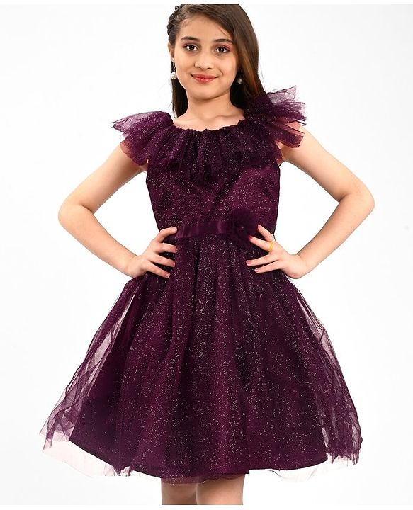 Pine Kids Sleeveless Party Frock With Glitter Detailing & Floral Applique - Purple