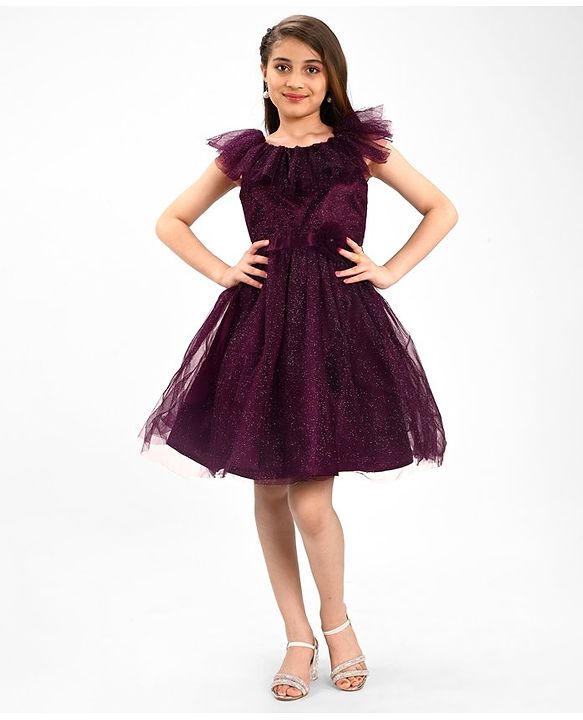 Pine Kids Sleeveless Party Frock With Glitter Detailing & Floral Applique - Purple