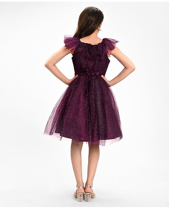 Pine Kids Sleeveless Party Frock With Glitter Detailing & Floral Applique - Purple
