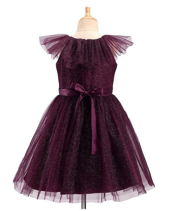 Pine Kids Sleeveless Party Frock With Glitter Detailing & Floral Applique - Purple