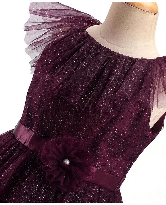 Pine Kids Sleeveless Party Frock With Glitter Detailing & Floral Applique - Purple