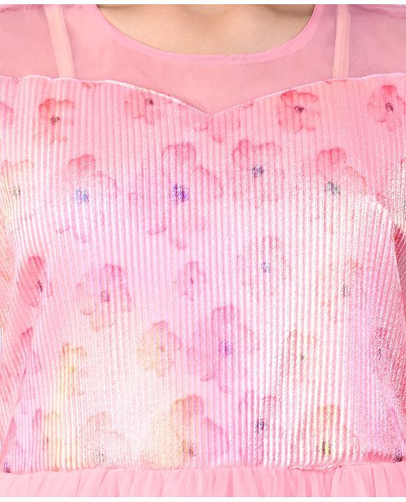 Pine Kids Woven Sleeveless Party Frock with Floral Print & Frill Design - Peach